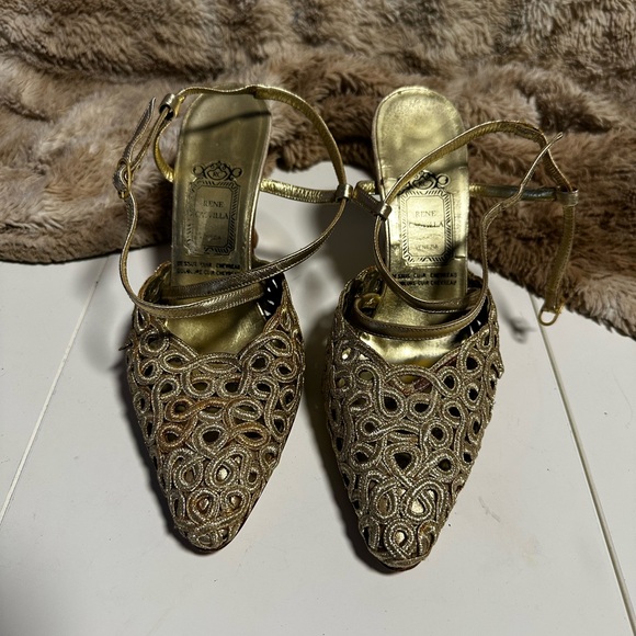 Rene Caovilla Gold Pump Heels Size 8 Made in Italy VTG - Picture 1 of 8